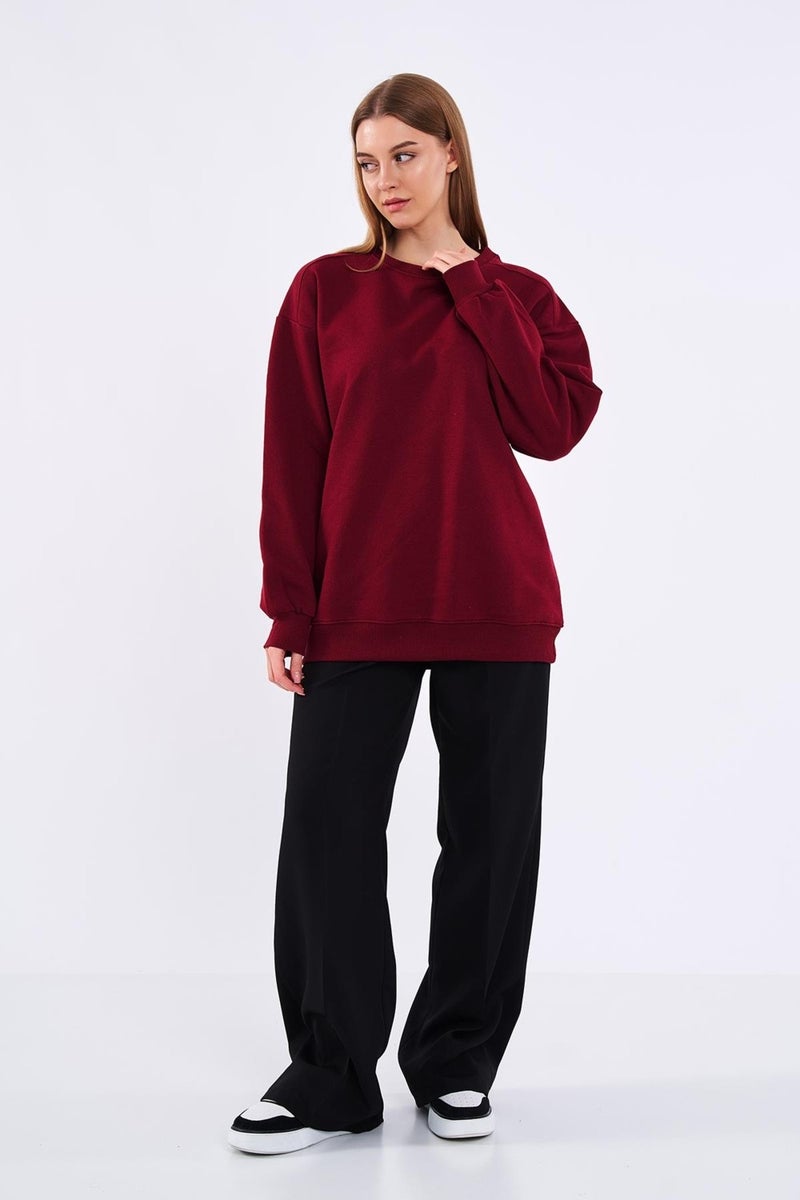 Claret Red Women's Cotton Oversize Basic Crew Neck Sweatshirt