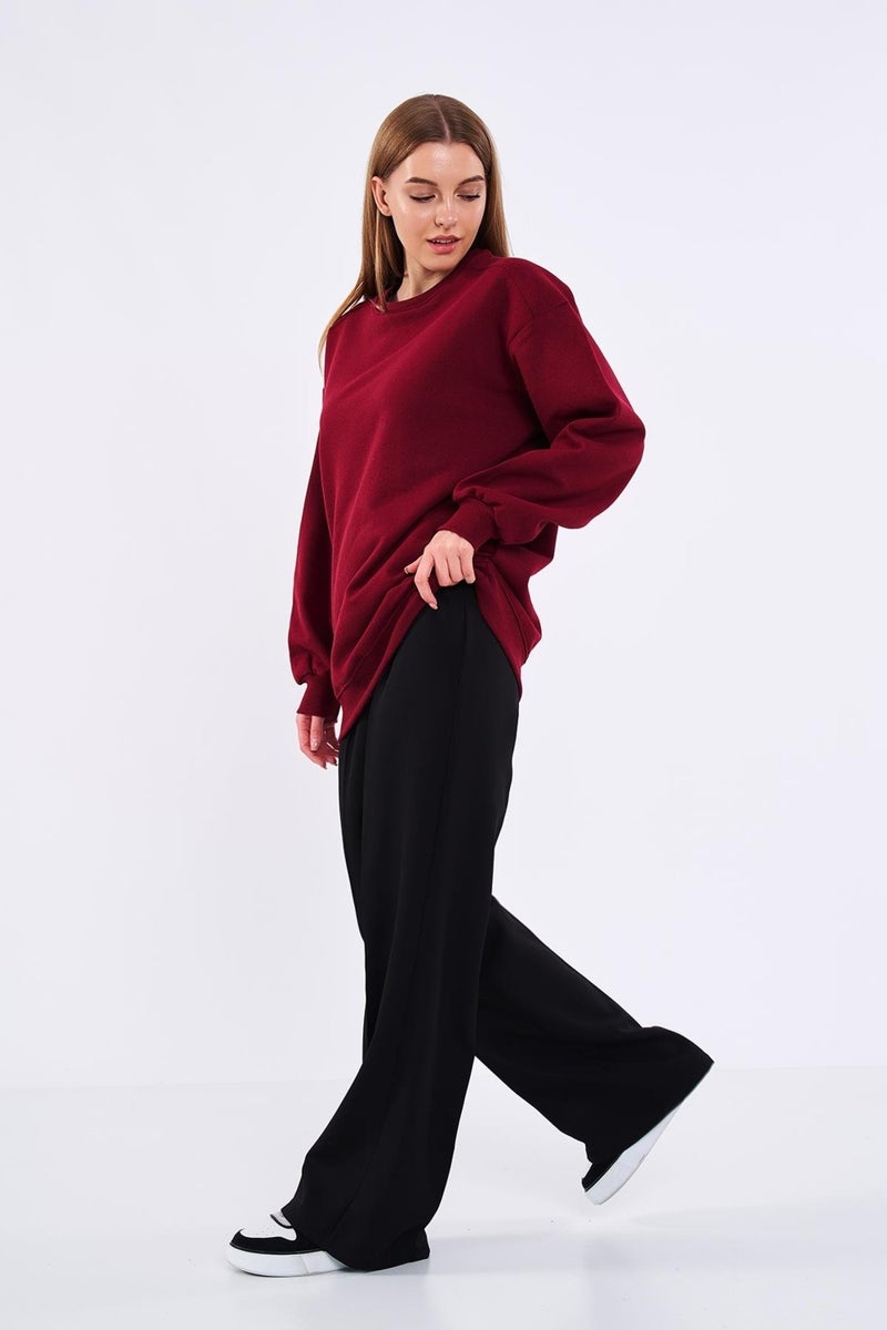 Claret Red Women's Cotton Oversize Basic Crew Neck Sweatshirt