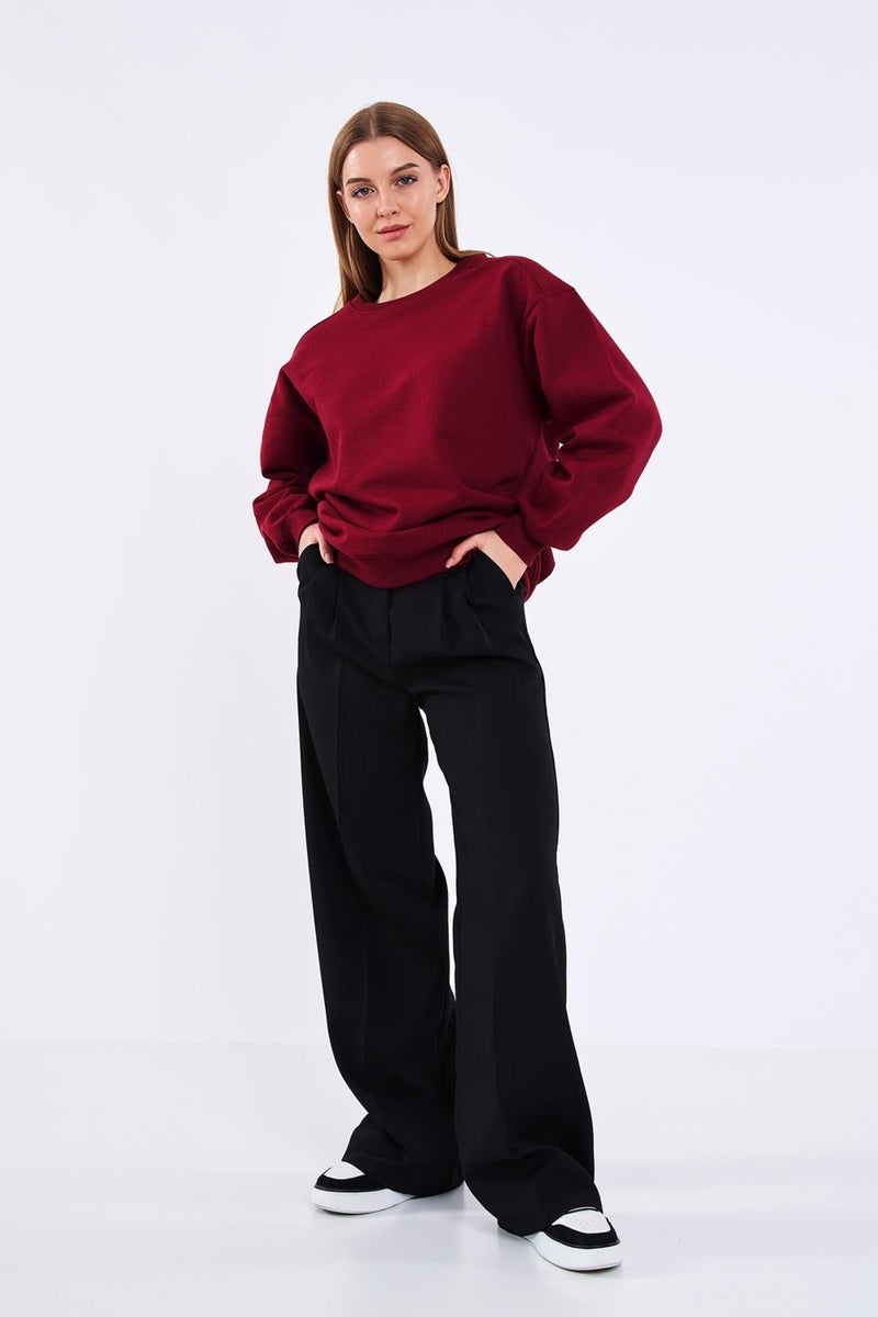 Claret Red Women's Cotton Oversize Basic Crew Neck Sweatshirt