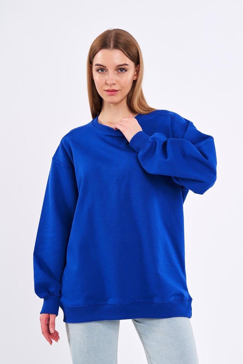 Saks Women's Cotton Oversize Basic Crew Neck Sweatshirt