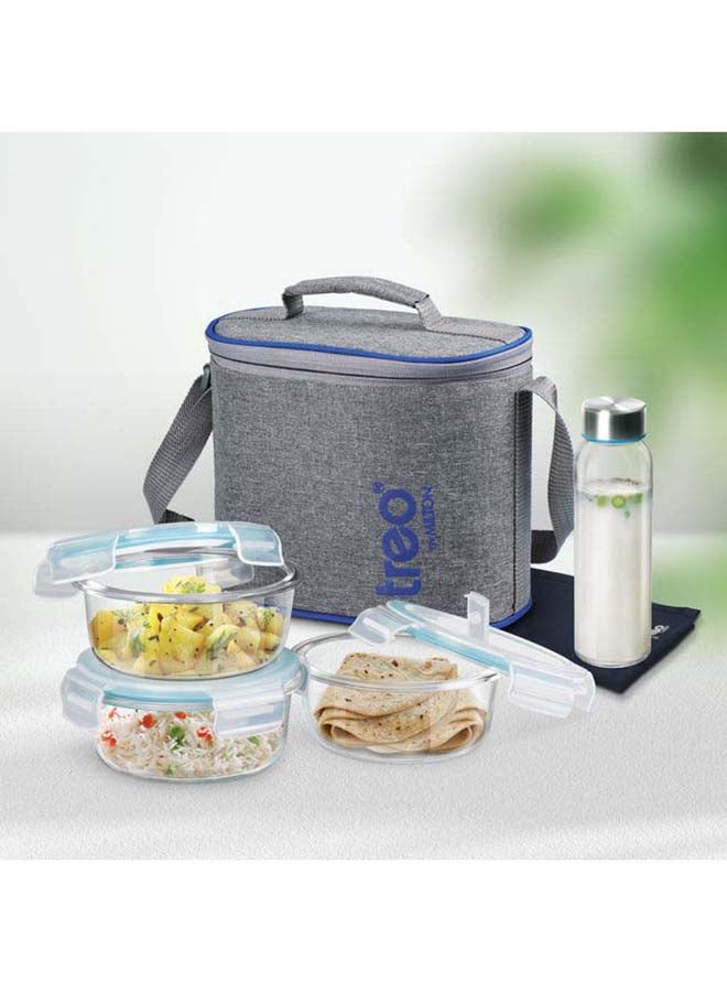 6-Piece Glass Lunch Box Set with Insulated Bag & Dinning Mat - Includes 3 Microwave Safe Food Containers (400ml Each), 250ml Bottle, Borosilicate Office Tiffin- All Fresh Premier Transparent