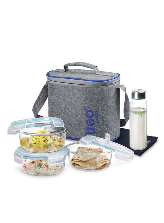 6-Piece Glass Lunch Box Set with Insulated Bag & Dinning Mat - Includes 3 Microwave Safe Food Containers (400ml Each), 250ml Bottle, Borosilicate Office Tiffin- All Fresh Premier Transparent