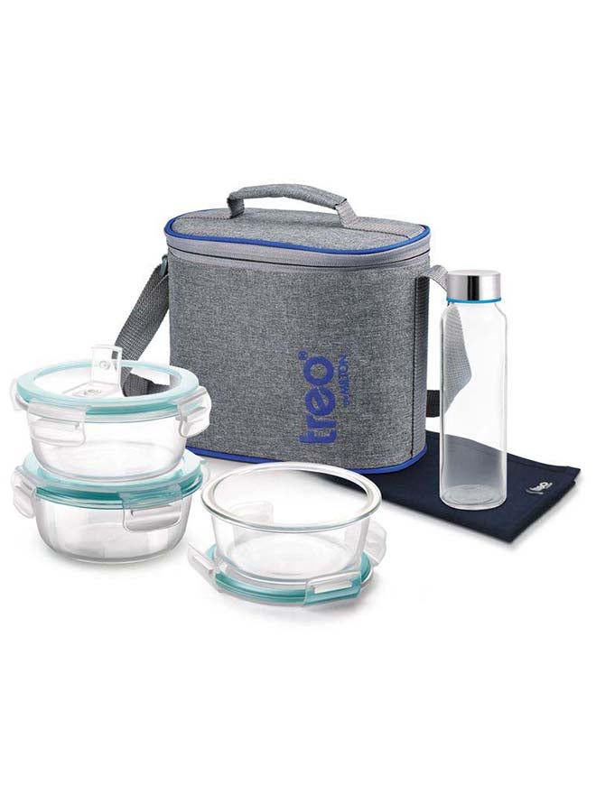 6-Piece Glass Lunch Box Set with Insulated Bag & Dinning Mat - Includes 3 Microwave Safe Food Containers (400ml Each), 250ml Bottle, Borosilicate Office Tiffin- All Fresh Premier Transparent