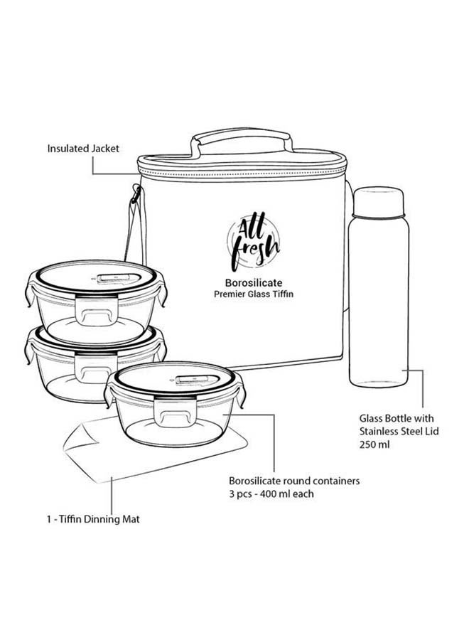 6-Piece Glass Lunch Box Set with Insulated Bag & Dinning Mat - Includes 3 Microwave Safe Food Containers (400ml Each), 250ml Bottle, Borosilicate Office Tiffin- All Fresh Premier Transparent