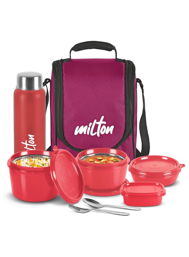 Milton Pro Insulated Jacket Tiffin Set with 3 Microwave-Safe Steel Containers With  Aqua Steel Bottle And Cutlery - Maroon