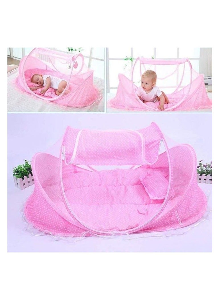 Baby Mosquito Net Portable Folding Baby Bed with Mattress + pillow (PINK)