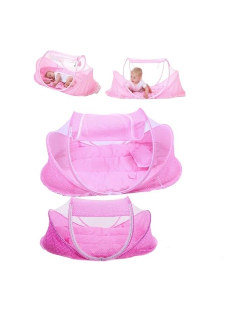 Baby Mosquito Net Portable Folding Baby Bed with Mattress + pillow (PINK)