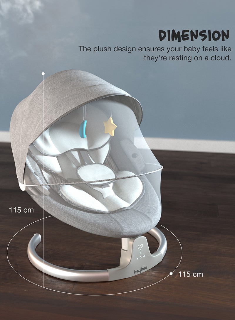 Baybee Lullabies Automatic Electric Baby Swing Cradle for Baby with Adjustable Swing Speed, Recline, Bluetooth & Music | Baby Rocker with Mosquito Net, Safety Belt & Toys | Swing for Baby Grey