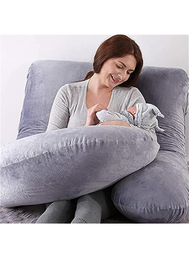 U-Shaped Full Body Maternity Support Pregnancy Pillow For Pregnant Women With Washable Velvet Cover, Grey