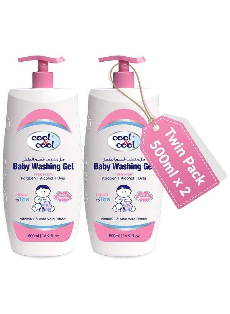 Cool & Cool Baby Washing Gel- 500ML(Pack of 2) - Head to Toe Baby Bath, Dye Free,Tear Free,Paraben-Free,Vitamin-E & Aloe Vera Extract With Extra Mild Formula 1Liter