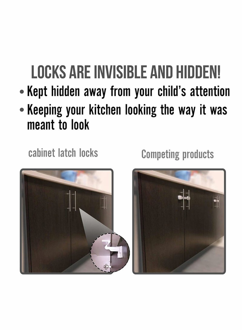 Upgraded Invisible Baby Safety Cabinet Latch Locks (10 Pack) - Easy No-Drill Installation, Fits Most Cabinets & Drawers, Compatible with Countertop Overhangs, Highly Secure & Reliable