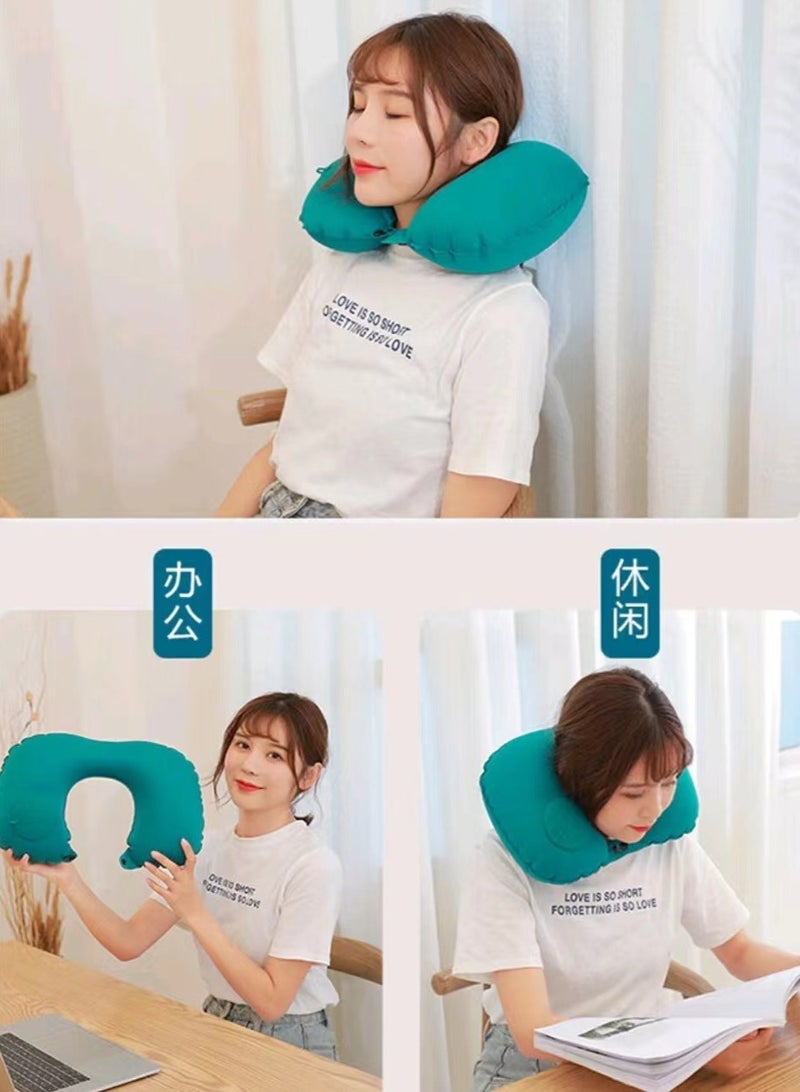 Inflatable U-shaped Pillow,Air Pillow Core Ofice Pillow, Portable Cervical Pillow, Inflatable Travel Pillow with Built-in Pump, Neck Support Pillow for Rest On Airplanes, In Office(Green)