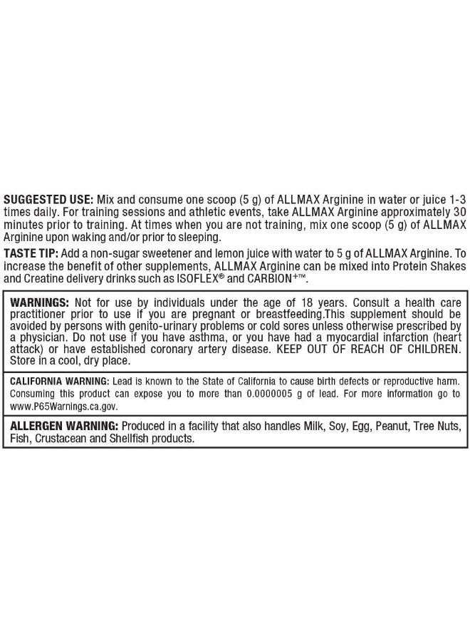 ALLMAX Nutrition Arginine, L - Arginine Powder for Men and Women, Provides Cardiovascular Support & Muscle Growth, Helps Improve Synthesis of Nitric Oxide & Blood Flow, 400 grams