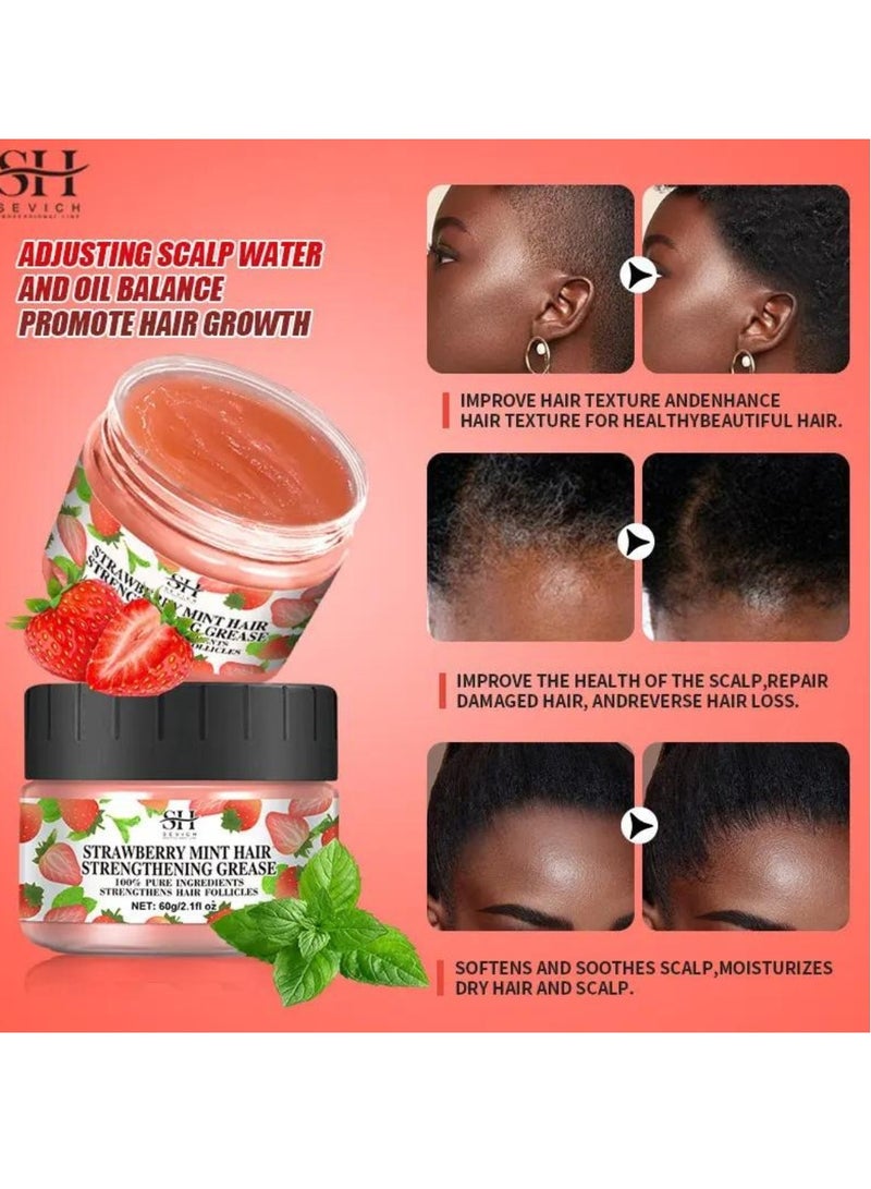 60g Strawberry Mint Hair Strengthening Grease for Hair Growth Reduce Hair Loss and Hydrating Moisturizing Pure and Natural Strengthens Hair Roots and Follicles Strawberry Mint Hair Cream