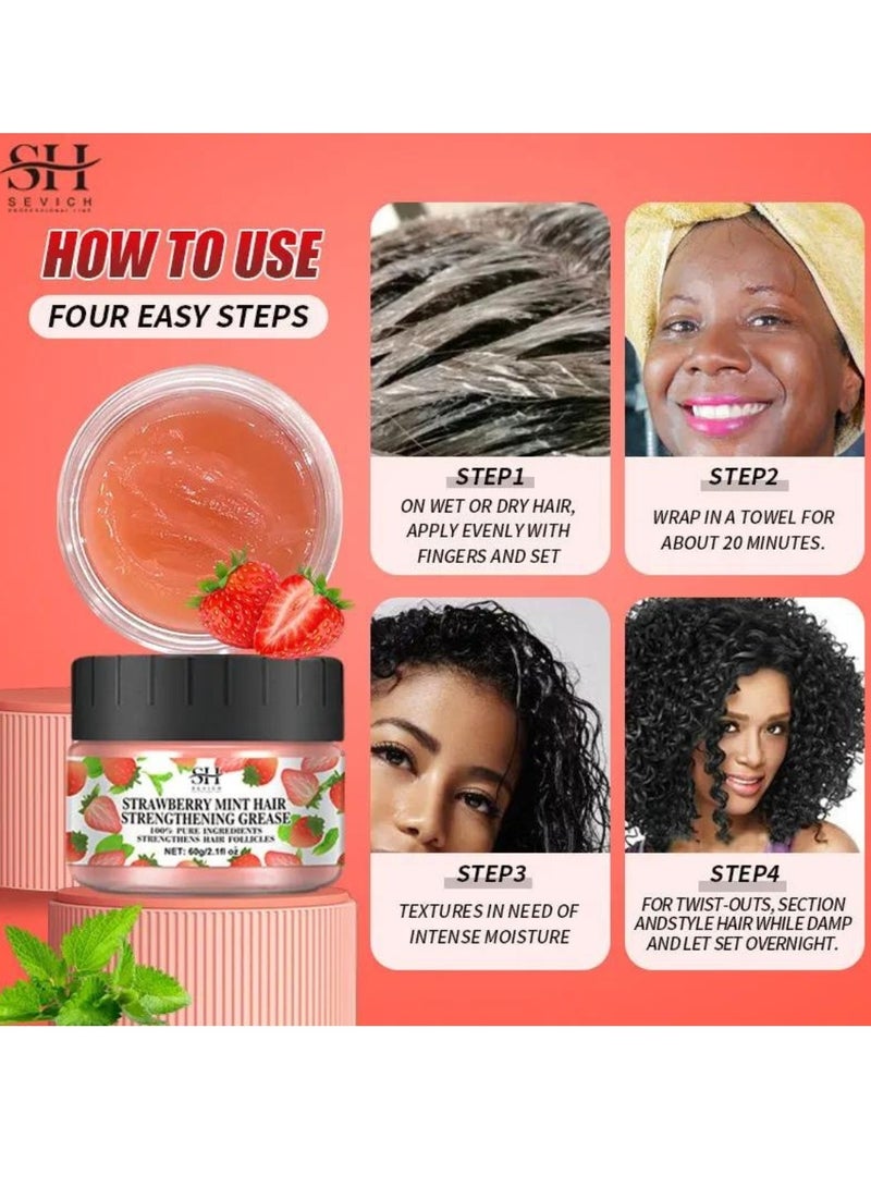 60g Strawberry Mint Hair Strengthening Grease for Hair Growth Reduce Hair Loss and Hydrating Moisturizing Pure and Natural Strengthens Hair Roots and Follicles Strawberry Mint Hair Cream