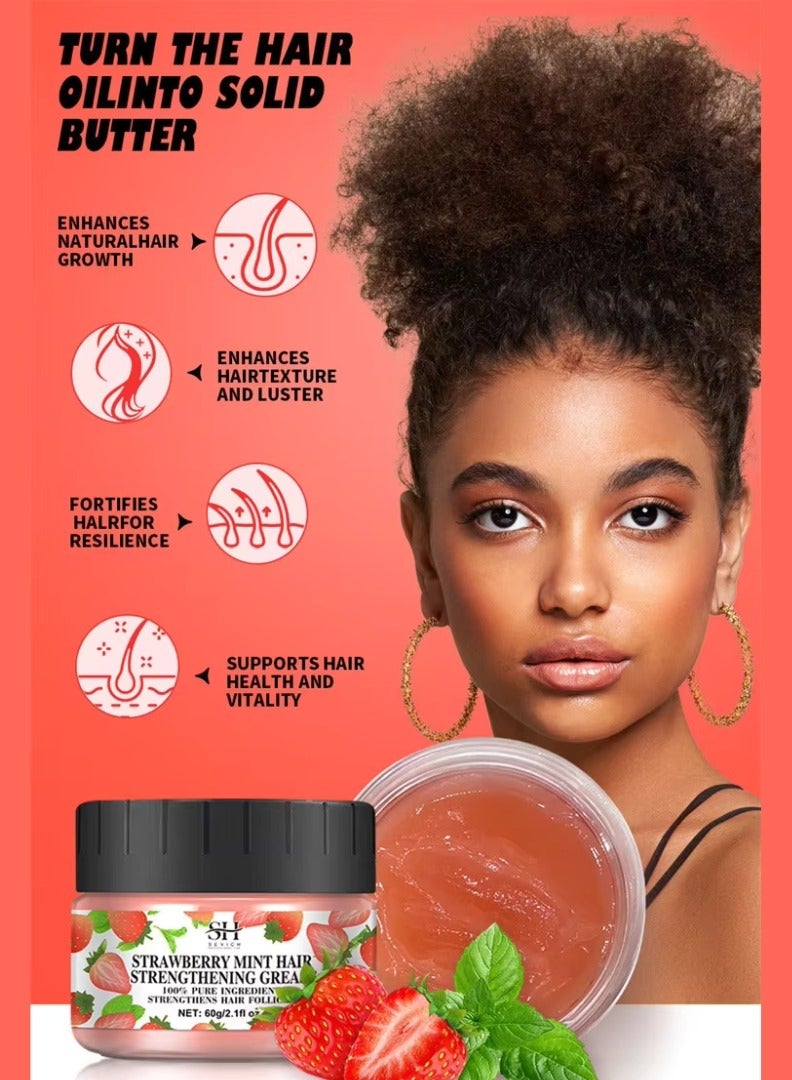 60g Strawberry Mint Hair Strengthening Grease for Hair Growth Reduce Hair Loss and Hydrating Moisturizing Pure and Natural Strengthens Hair Roots and Follicles Strawberry Mint Hair Cream