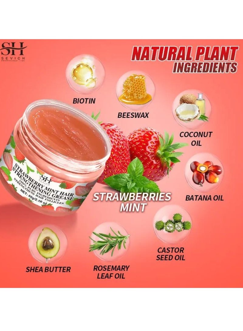 60g Strawberry Mint Hair Strengthening Grease for Hair Growth Reduce Hair Loss and Hydrating Moisturizing Pure and Natural Strengthens Hair Roots and Follicles Strawberry Mint Hair Cream