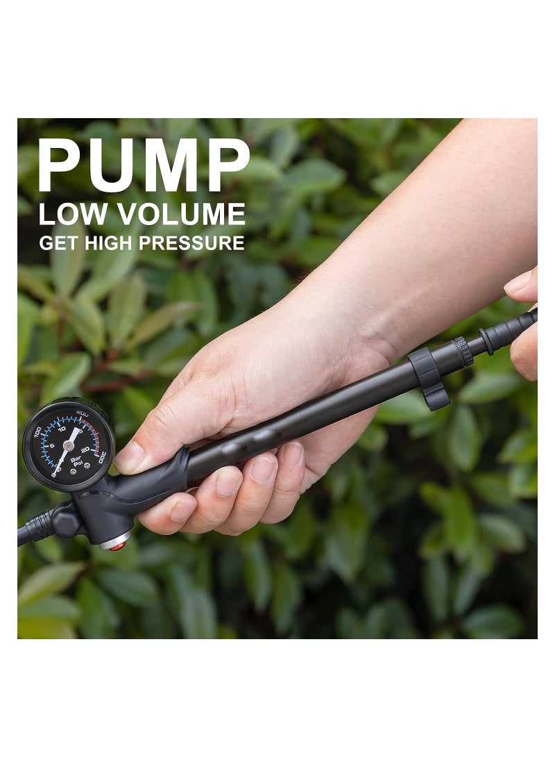 Portable Mini Bike Pump with Air Bleed Button, High Pressure 100 PSI Shock Pump for Mountain, Road Bikes, and Motorcycles, Ideal for Front Fork and Rear Suspension Air Shocks with Gauge.