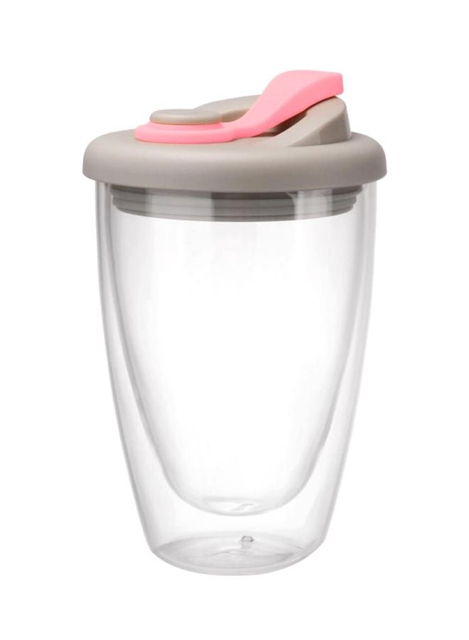 Double Wall Glass Mug With Lid Clear/Pink/Grey 350ml