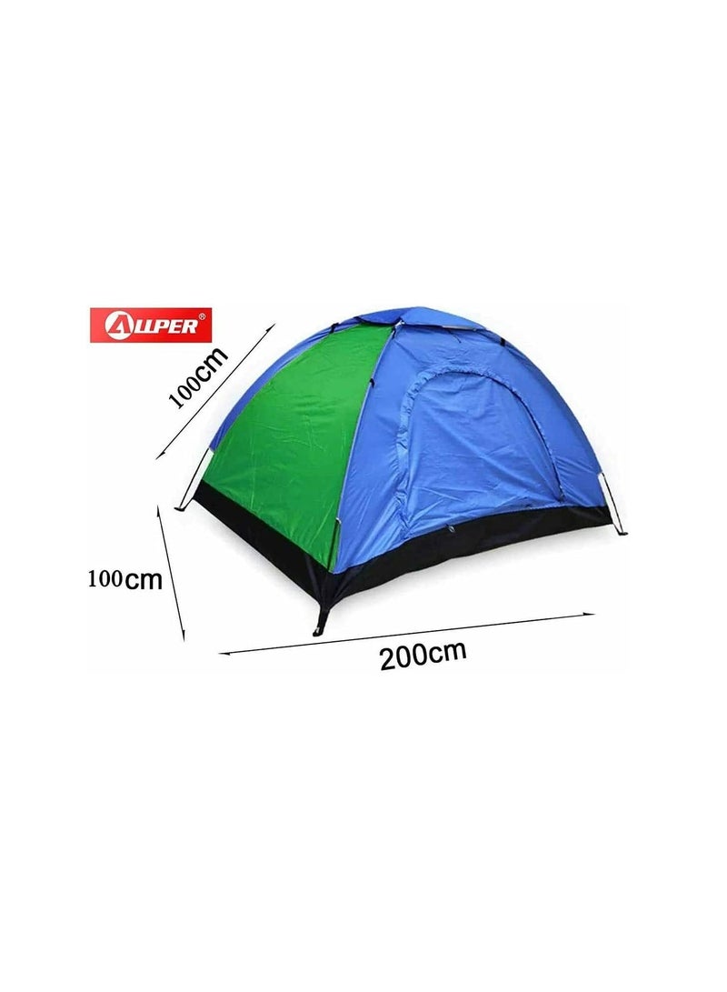 Easy Assembly Tent, Polyester and Resistant Steel Rods. 1 person, color: green and blue.