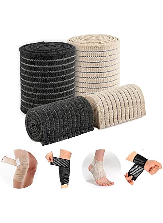 Universal Calf Compression Sleeves - 4 Packs - Adjustable Compression Belt for Knee Brace, Ankle Brace, Wrist Brace, Elbow Brace and Calf Sleeve, Black & Skin Color Elastic Bandages