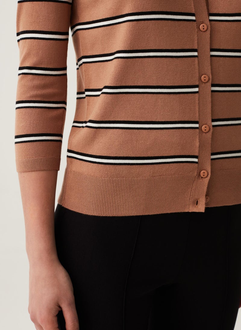 Ovs Striped Cardigan With Three-Quarter Sleeves