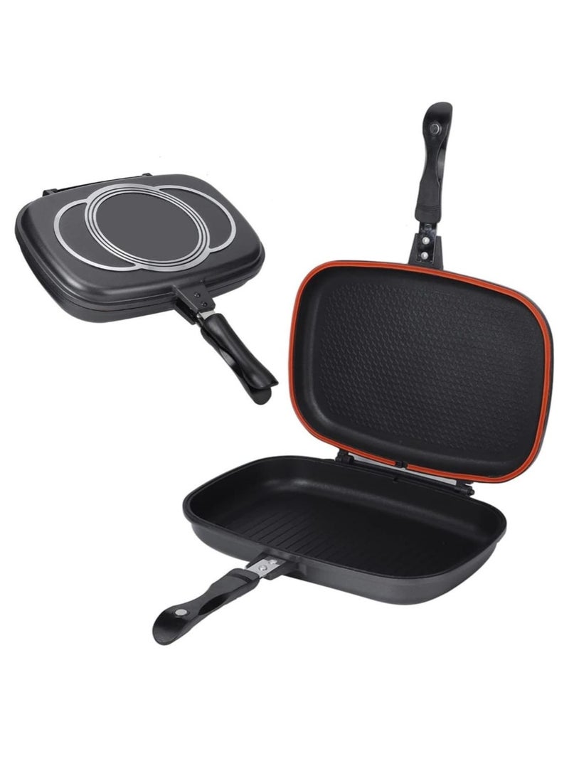 Double Side Die Casting Grill Pan 36cm - Non-Stick, Black & Silver, Heavy Duty Aluminum, Easy Flip Design, Perfect for Indoor & Outdoor Grilling, Even Heat Distribution