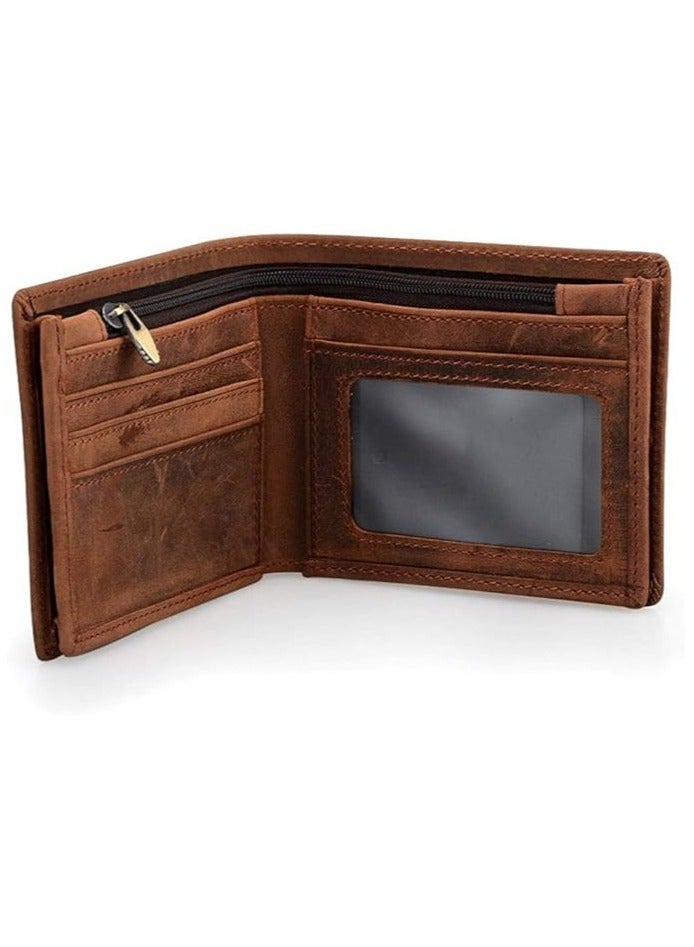 Men's Genuine Leather Wallet – Classic Short Bifold Leather Wallet for Men with Zippered Pocket and ID Window