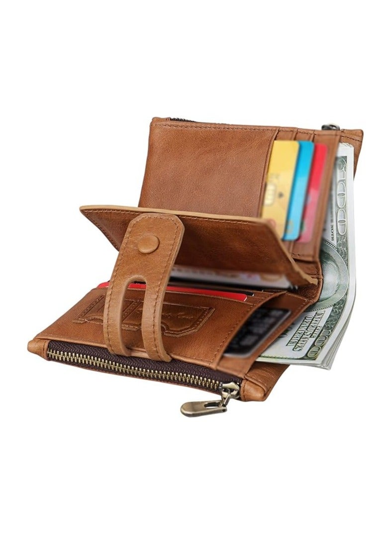 Men's Genuine Leather Wallet – Vintage Bifold Brown Zippered Wallet with Multiple Card Slots and Coin Pocket