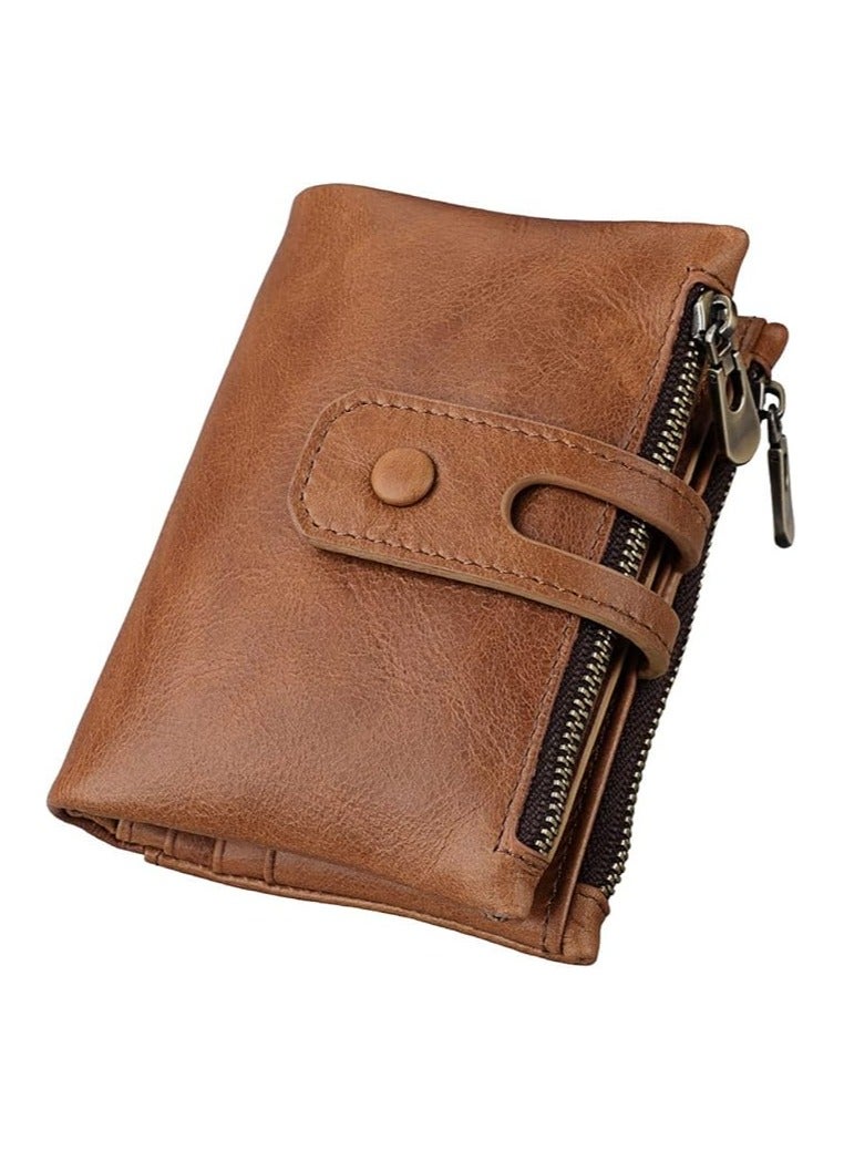 Men's Genuine Leather Wallet – Vintage Bifold Brown Zippered Wallet with Multiple Card Slots and Coin Pocket