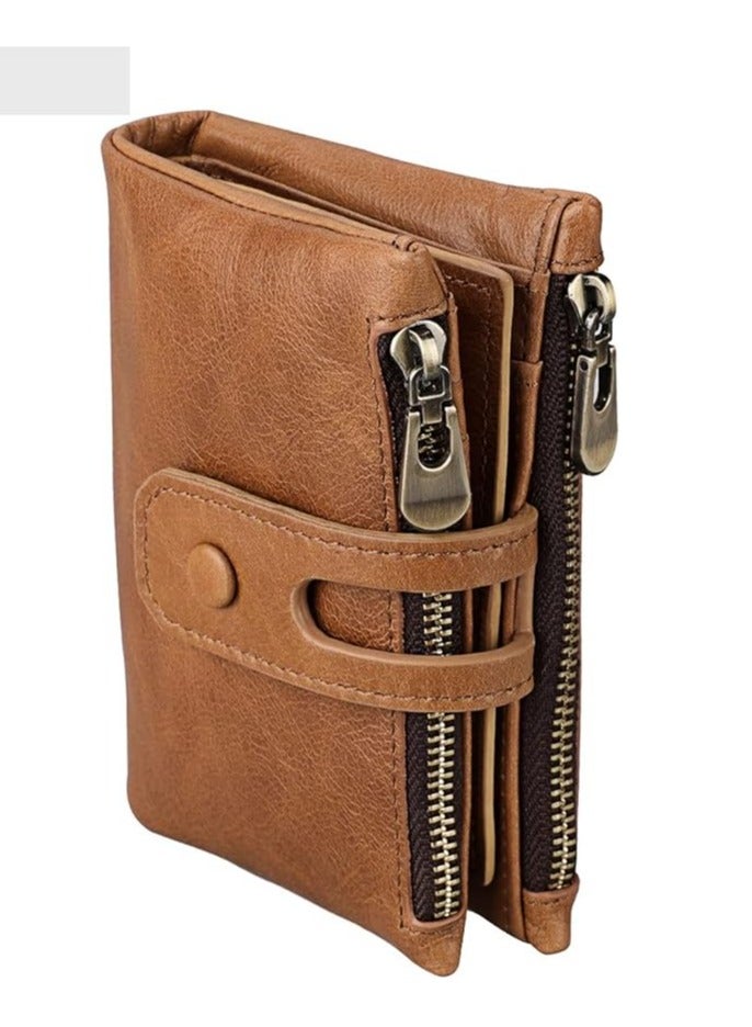 Men's Genuine Leather Wallet – Vintage Bifold Brown Zippered Wallet with Multiple Card Slots and Coin Pocket