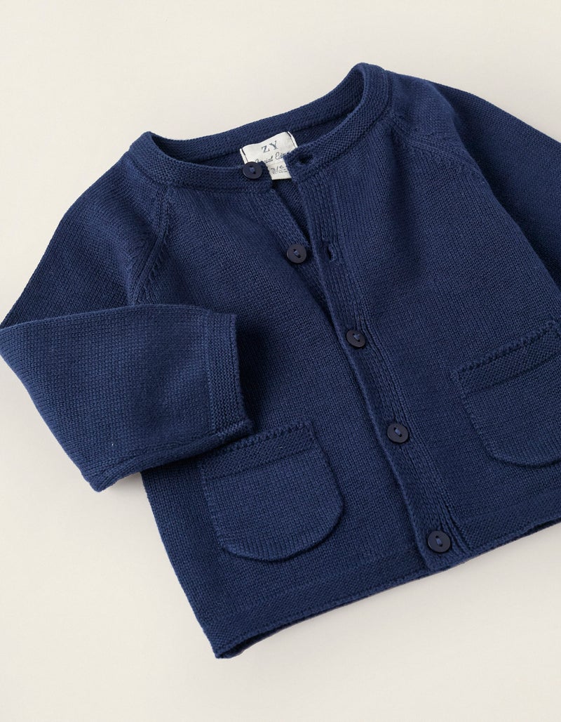 Long Sleeve Knitted Cardigan for Newborn Boys, Dark Blue