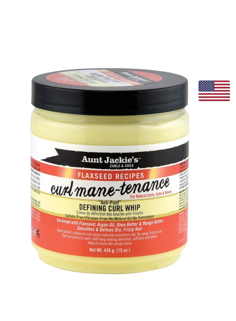 Aunt Jackie's Flaxseed Recipes Curl Mane-tenance, Lightwieght Anti-Poof Defining Curl Whip, Enriched with Flaxseed, Argan Oil and Shea Butter, Great for Dry and Frizzy Hair, 15 Oz Jar, Orange 426g