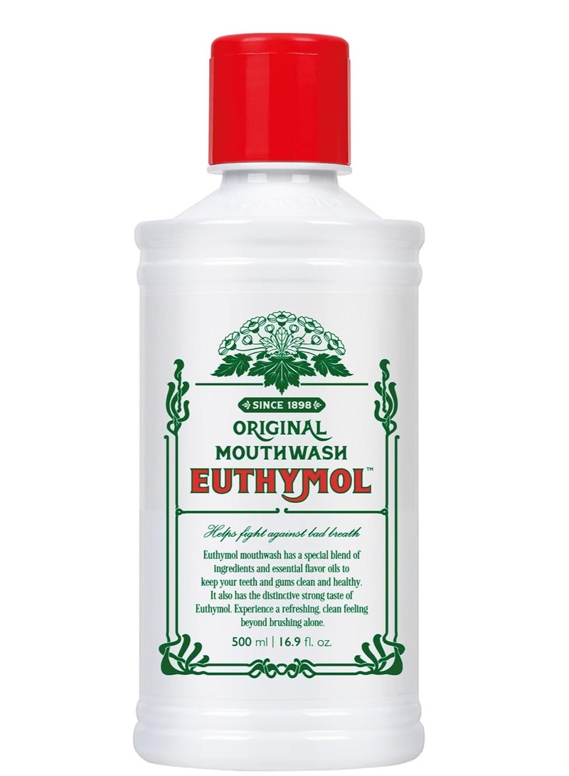 Euthymol Original Mouthwash, 500ML | Fresh Breath Euthymol Original Toothpaste Flavor Natural Oral Rinse Liquid with Menthol, Pink Jelly Mouthwash for Treating Bad Breath