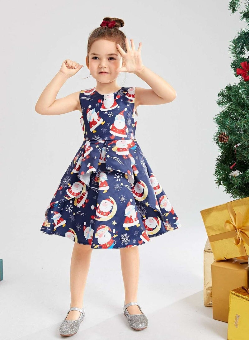 Toddler Girls Christmas Print Tie Back Gown Dress