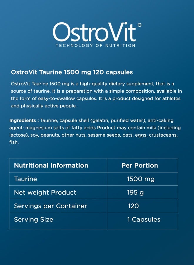 Taurine 1500mg 120 Capsules – Boosts Energy, Focus & Endurance – Premium Amino Acid Supplement for Active Lifestyles