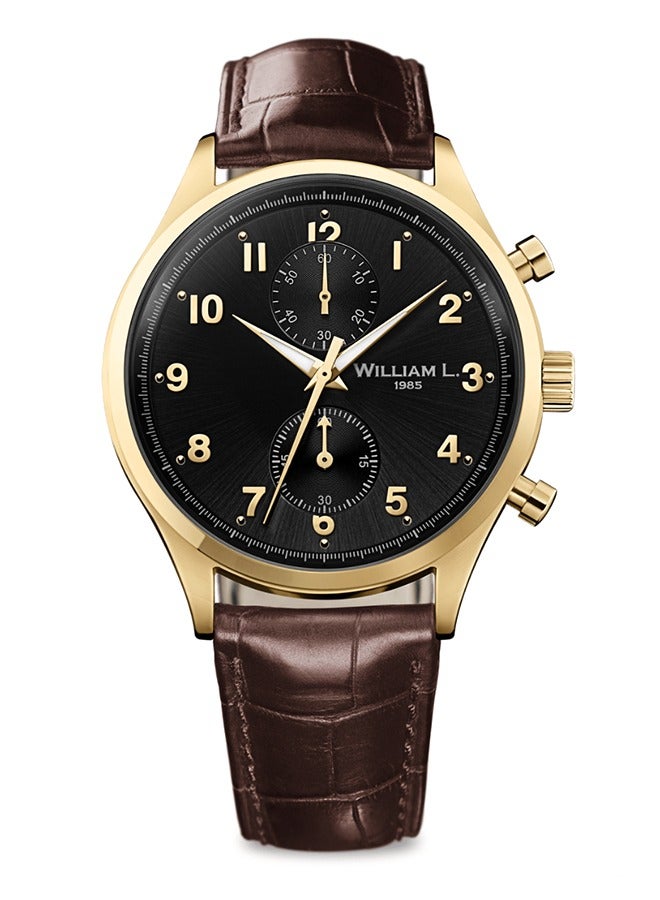 William L. 1985 Men's Vintage Style Small Chronograph Yellow Gold Ion Plating with Black Dial and Brown Croco Strap Watch - WLOJ02NROJCM