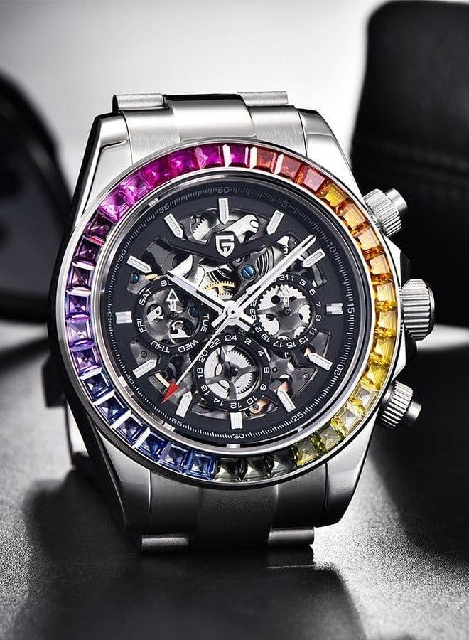 Men's Automatic Mechanical Watches, Mechanical Stainless Steel Frame, Rainbow Bezel, Stainless Steel Strap, Fashionable And Casual PD1777