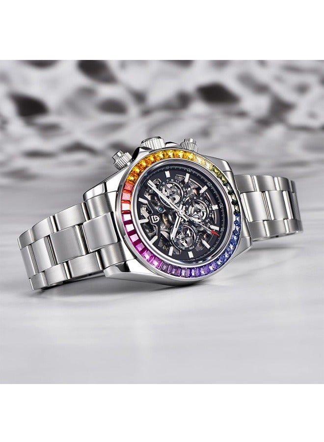 Men's Automatic Mechanical Watches, Mechanical Stainless Steel Frame, Rainbow Bezel, Stainless Steel Strap, Fashionable And Casual PD1777