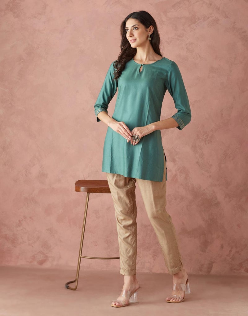 Turquoise Viscose Silk Slim Fit Short Kurta