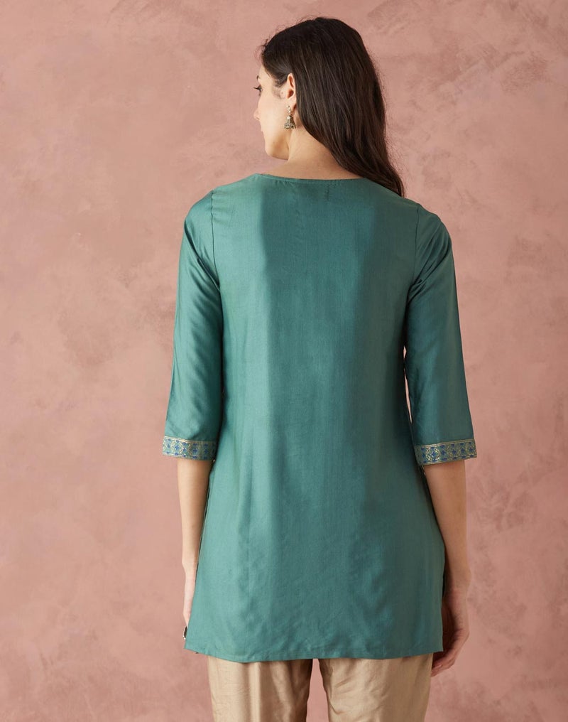 Turquoise Viscose Silk Slim Fit Short Kurta