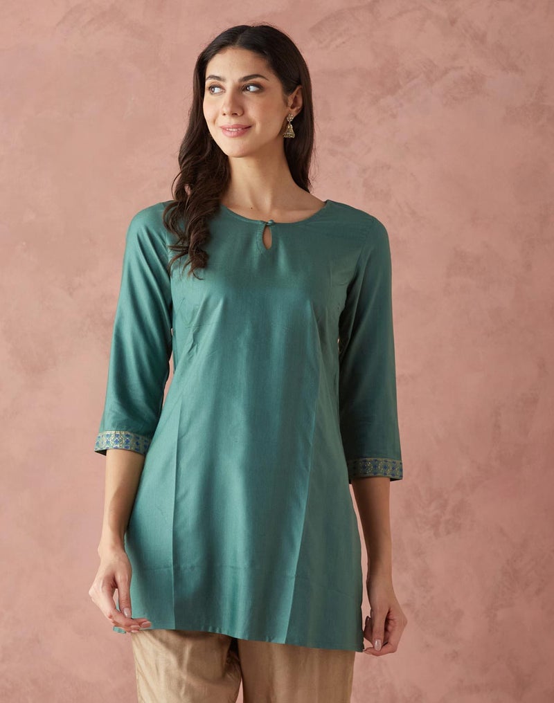 Turquoise Viscose Silk Slim Fit Short Kurta