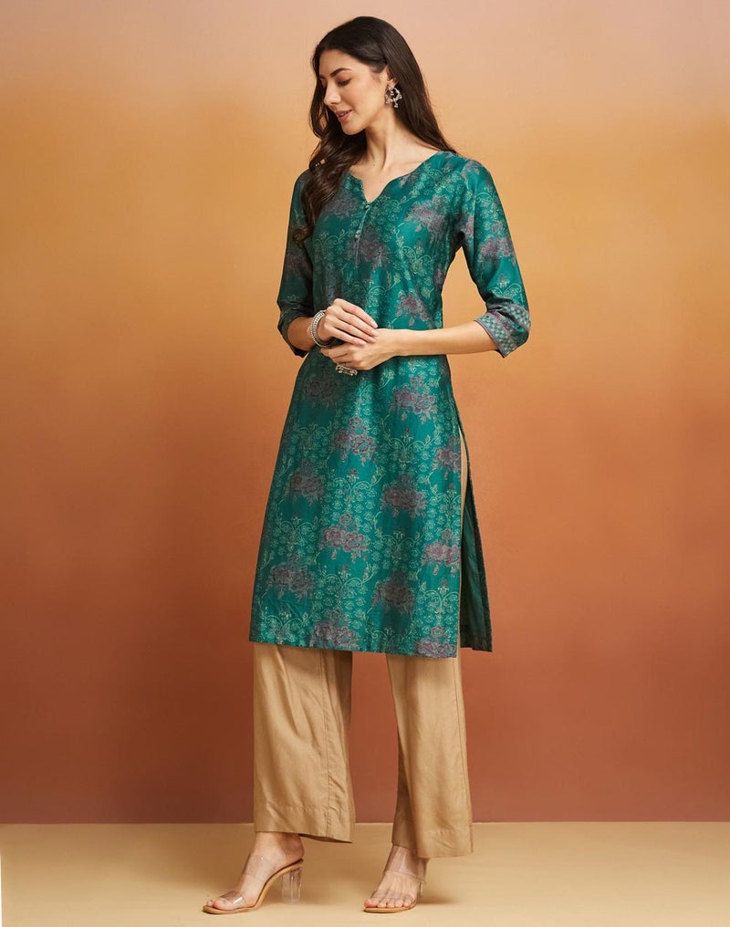 Green Cotton Silk Hand Block Printed Long Kurta