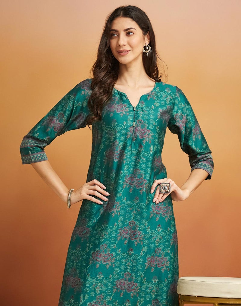 Green Cotton Silk Hand Block Printed Long Kurta