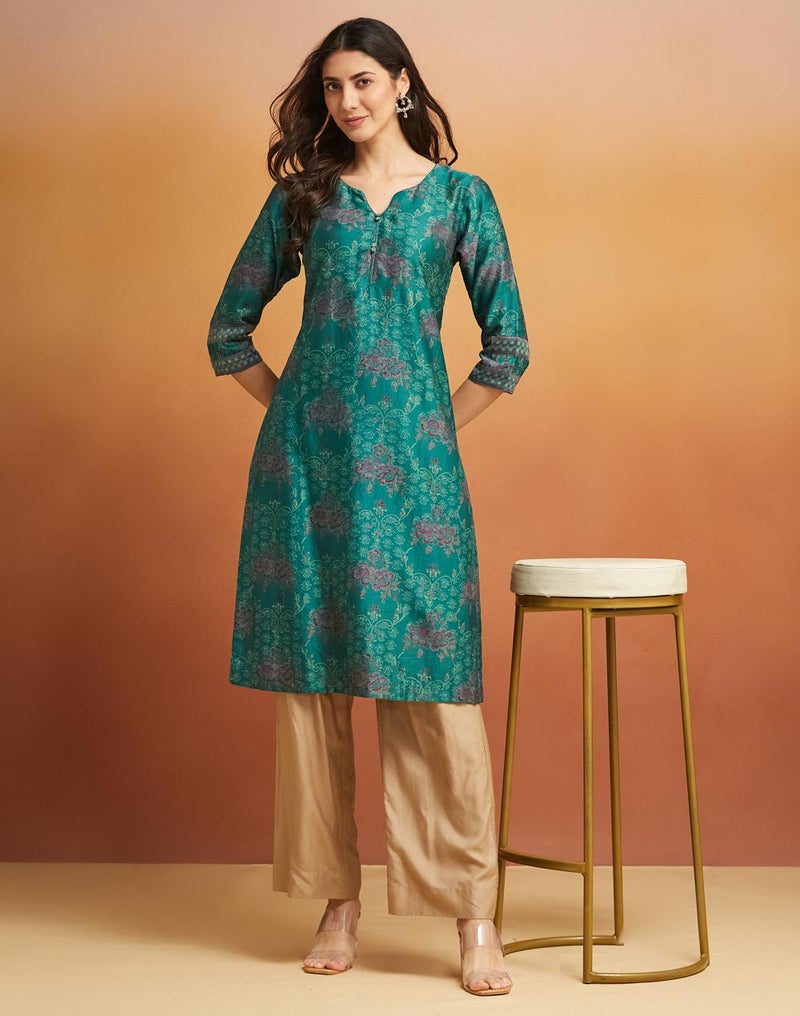 Green Cotton Silk Hand Block Printed Long Kurta