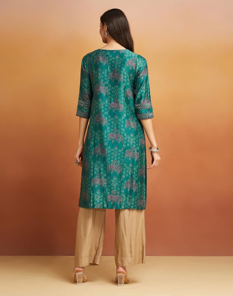 Green Cotton Silk Hand Block Printed Long Kurta