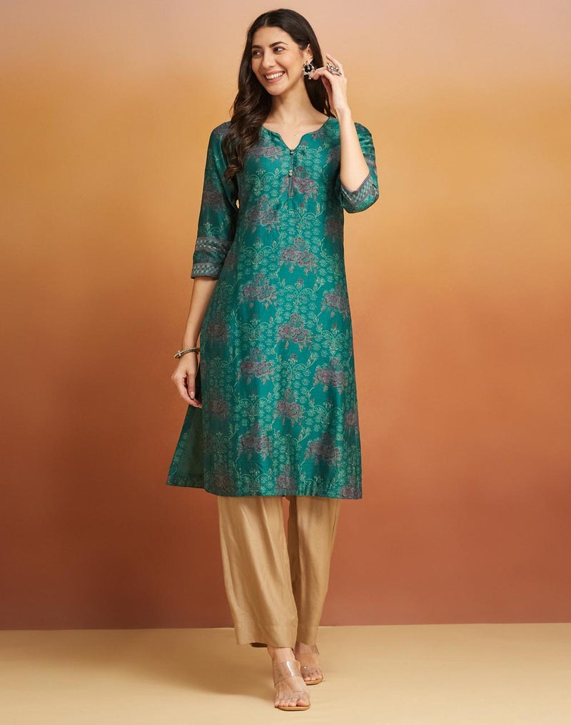 Green Cotton Silk Hand Block Printed Long Kurta