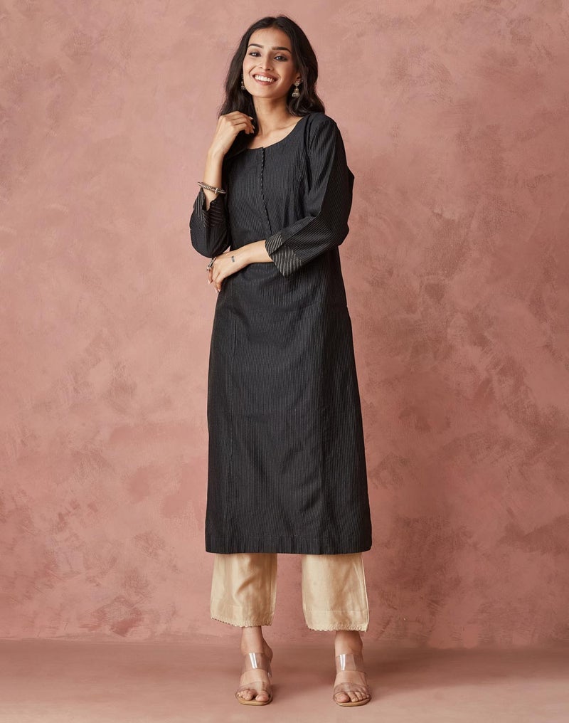 Black Cotton Silk Blend Regular Fit Long Kurta