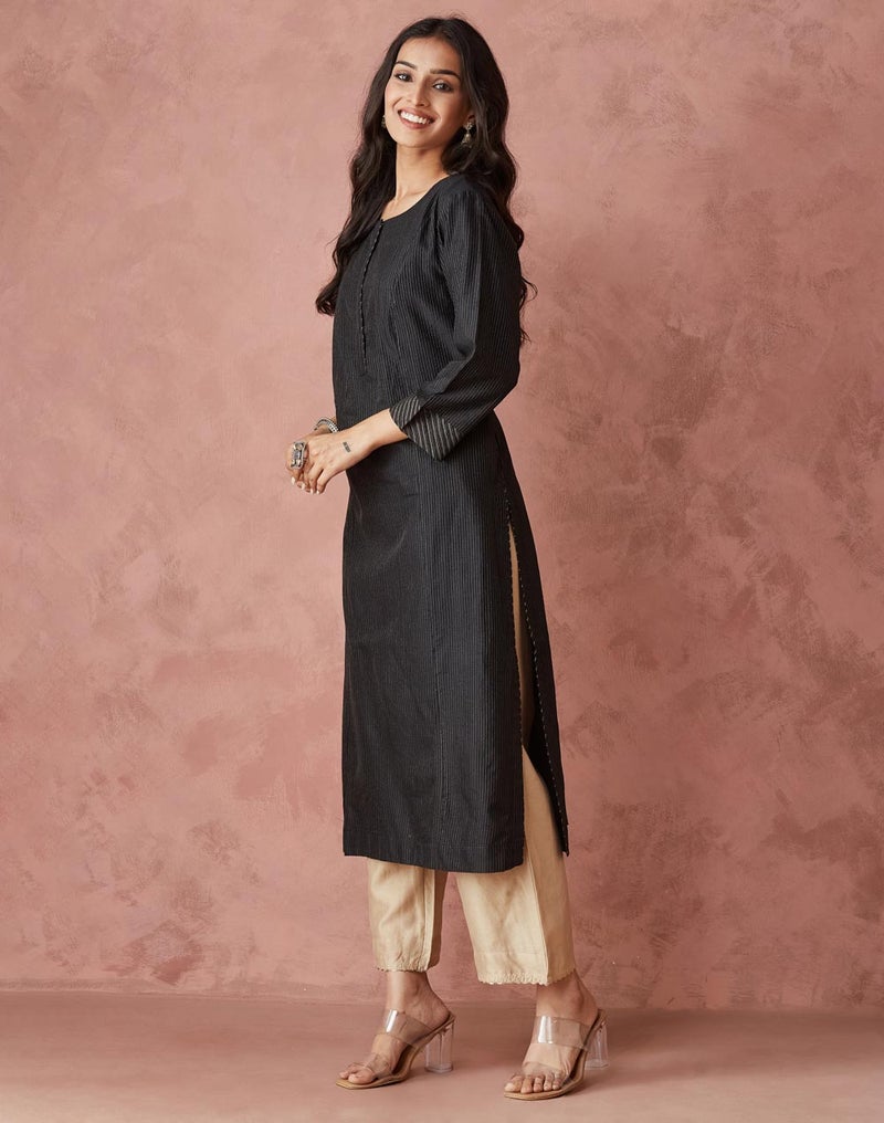 Black Cotton Silk Blend Regular Fit Long Kurta