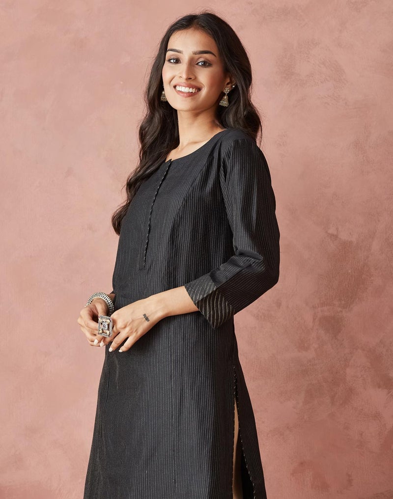 Black Cotton Silk Blend Regular Fit Long Kurta